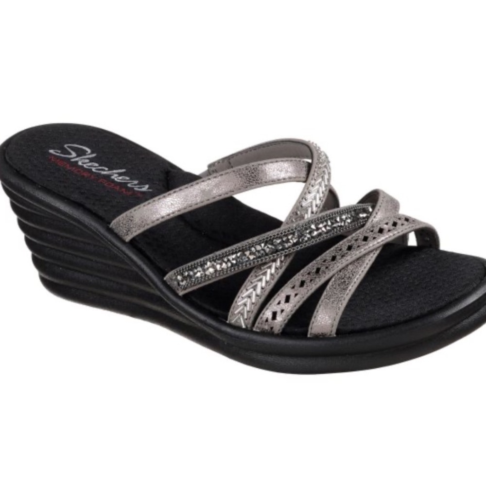 Skechers Rumblers Metallic Strappy Rhinestone Wedge Sandals Women's Size 9